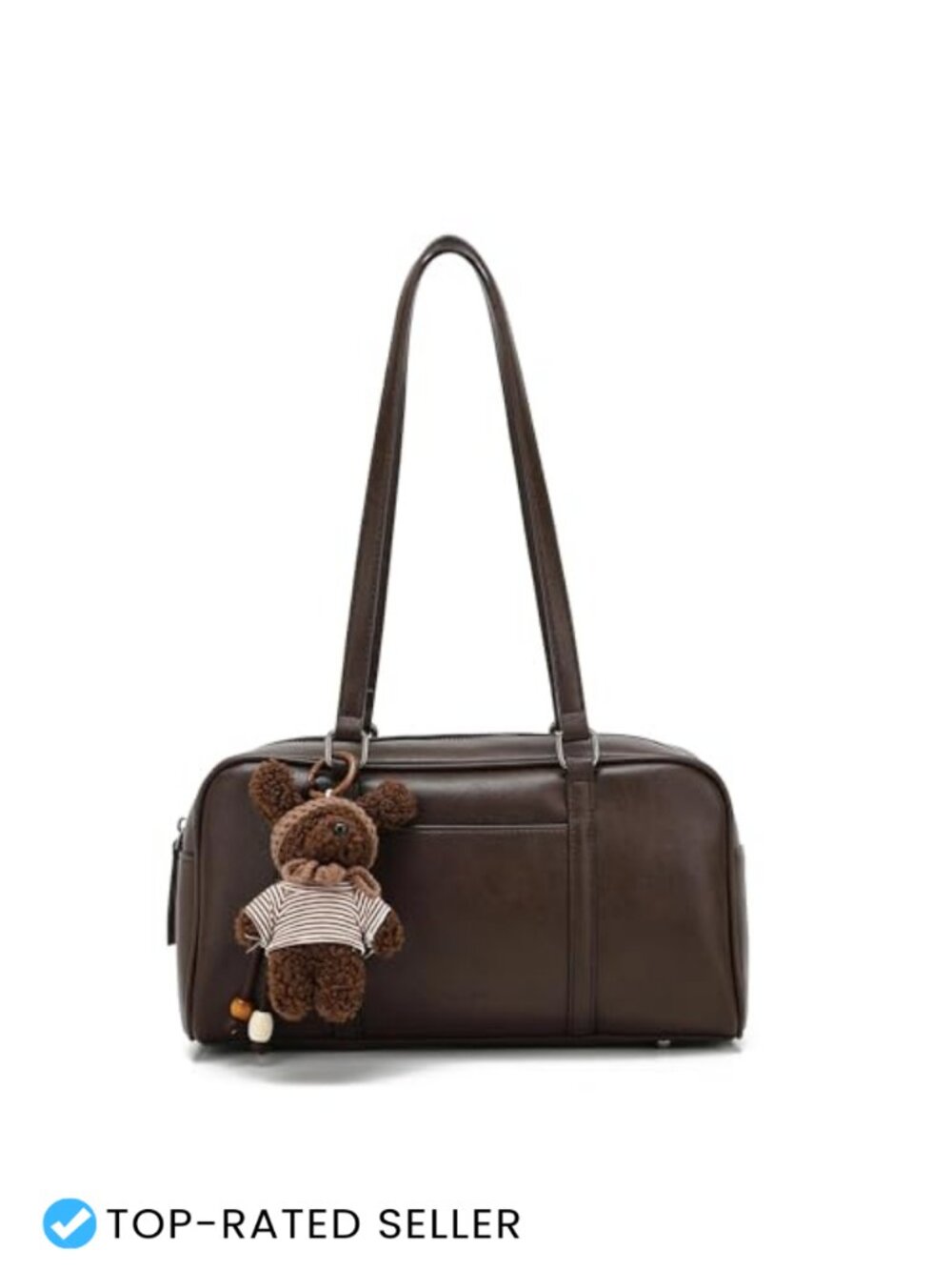 Vegan Leather Boston Shoulder Bag Y2K Bowling Purse Bear Charm